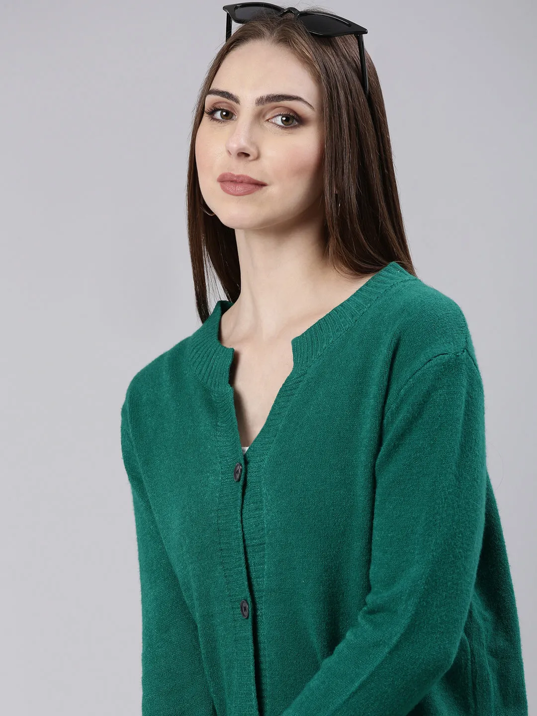 Weekend Classic Ventilated Mesh Panel Women's Green Ribbed Cardigan
