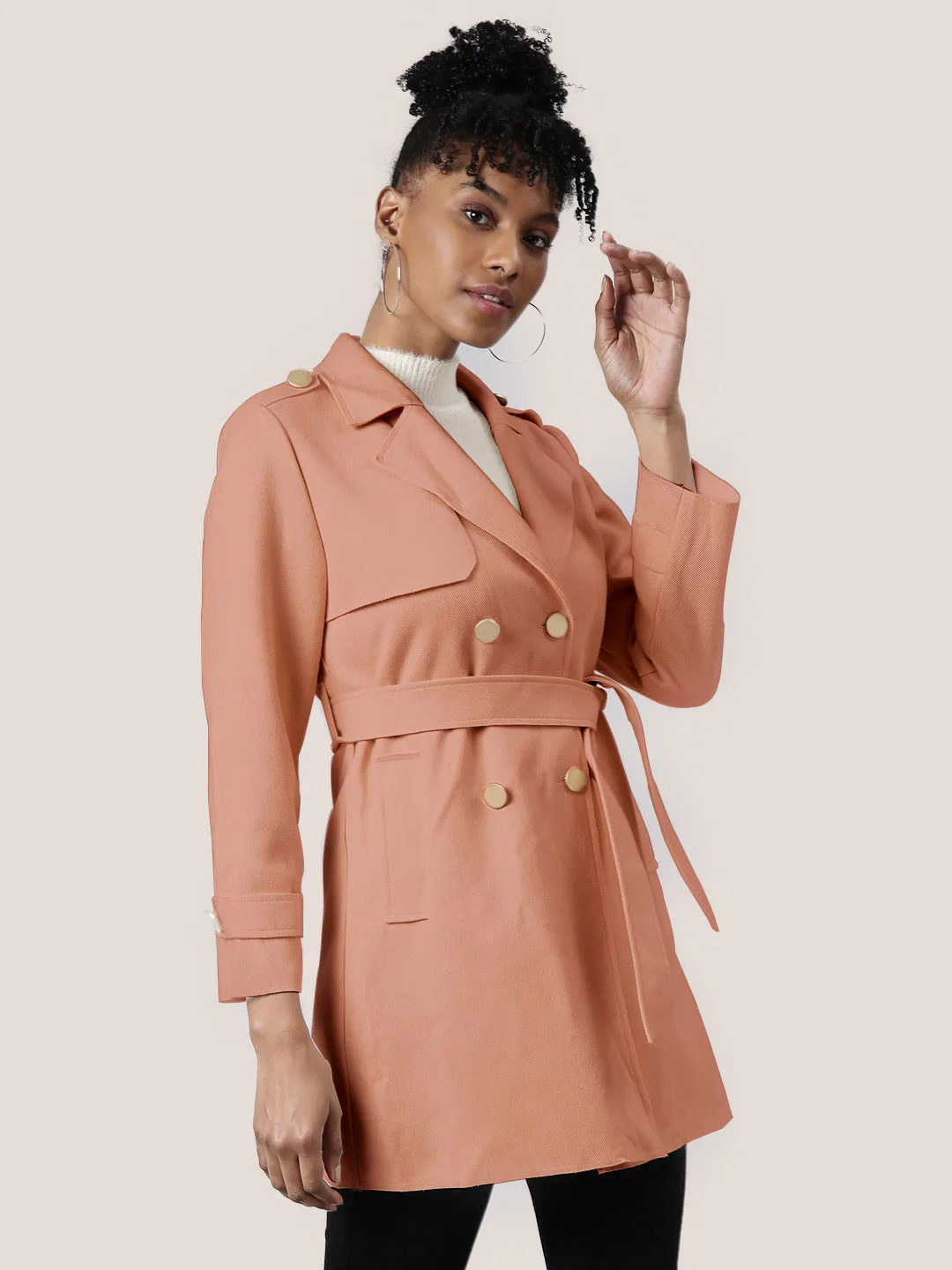 Women's Solid Peach Longline Trench Coat with Belt EcoFriendly Water Repellency