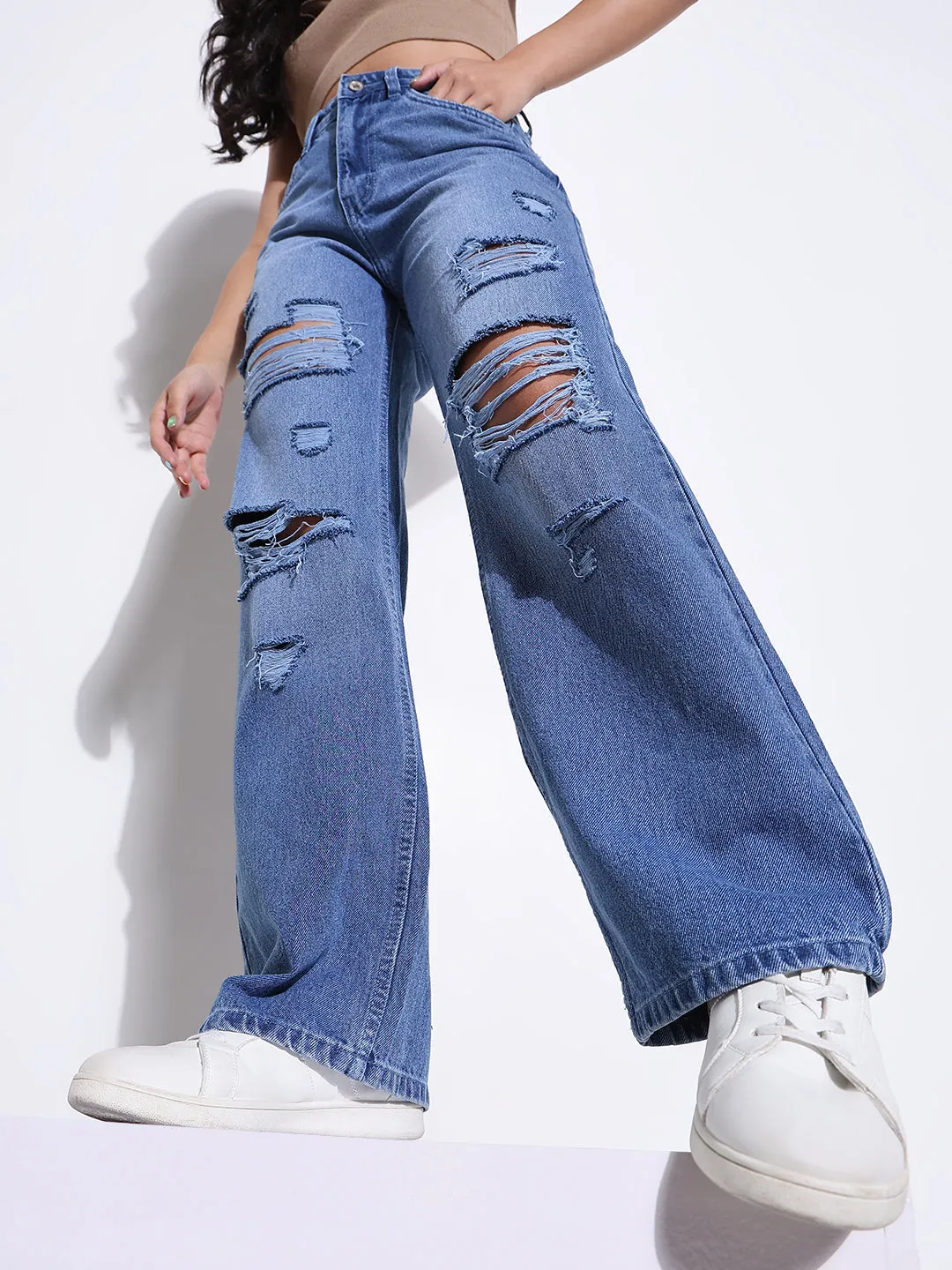Work Meeting Trendy Modern Minimalist Women's Blue Comfort Wide Leg Highly Distressed Light Fade Acid Wash Jeans