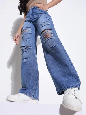 Work Meeting Trendy Modern Minimalist Women's Blue Comfort Wide Leg Highly Distressed Light Fade Acid Wash Jeans