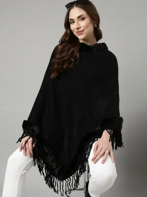 Anti Pilling SweaterSpecific Detergent Guide Women's Black Round Neck Longline Fringed Poncho
