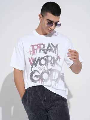 Seam Free Shoulders Men's Typography White Short Sleeves Round Neck Relaxed Fit T-Shirt