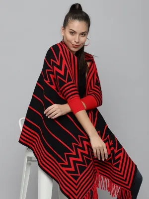 Flexible Neckline Mood Booster Women's Red Striped Longline Poncho
