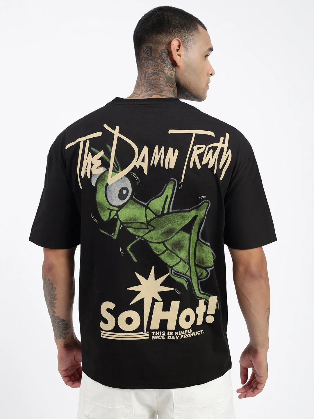 Versatile Option Drop Shoulder Design Men's Graphic Printed Black Relaxed Fit T-Shirt