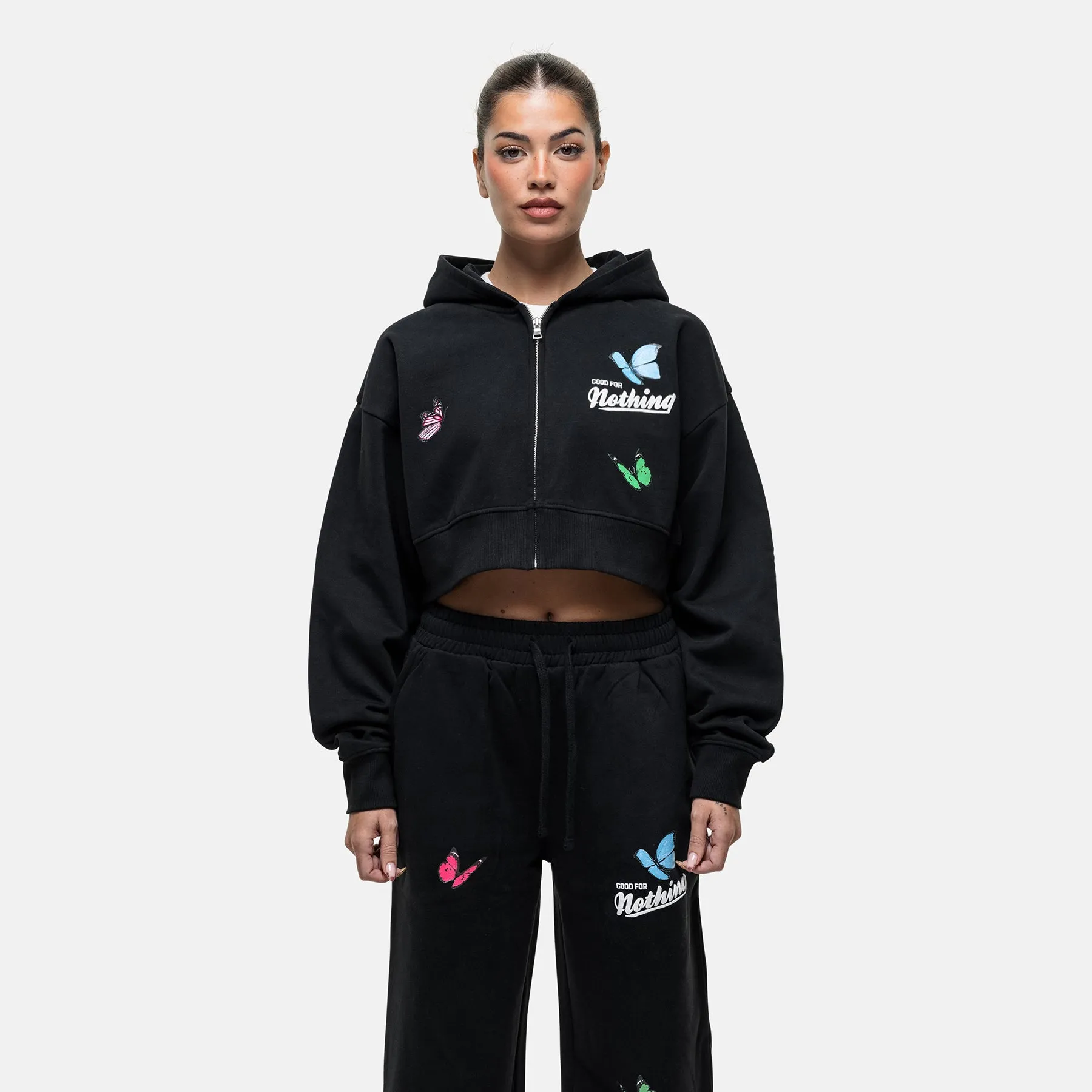 Flight Washed Black Crop Zip Hoodie Layered Look