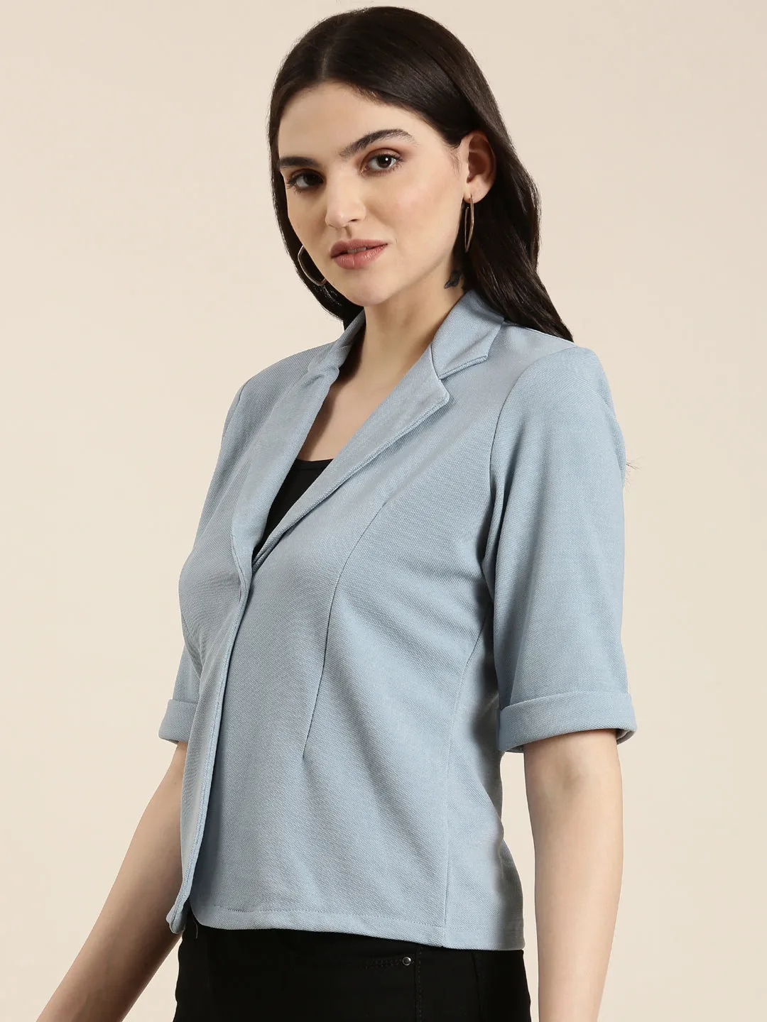 Women's Blue Notched Lapel Single-Breasted Blazer Monochrome Look