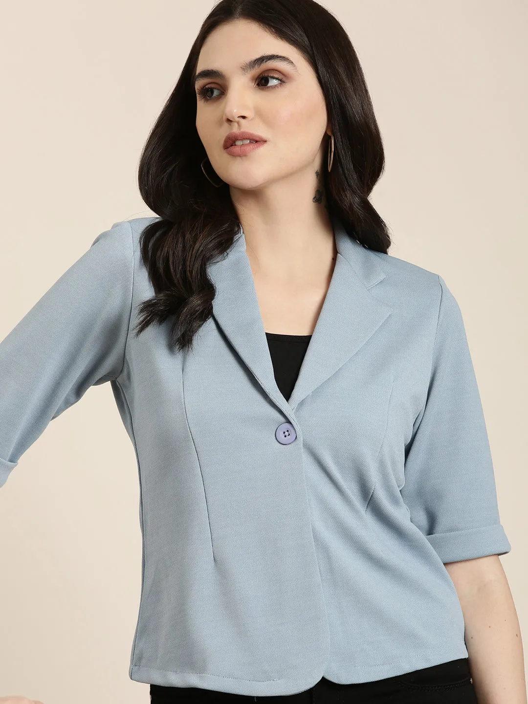 retro look Women's Blue Notched Lapel Single-Breasted Blazer