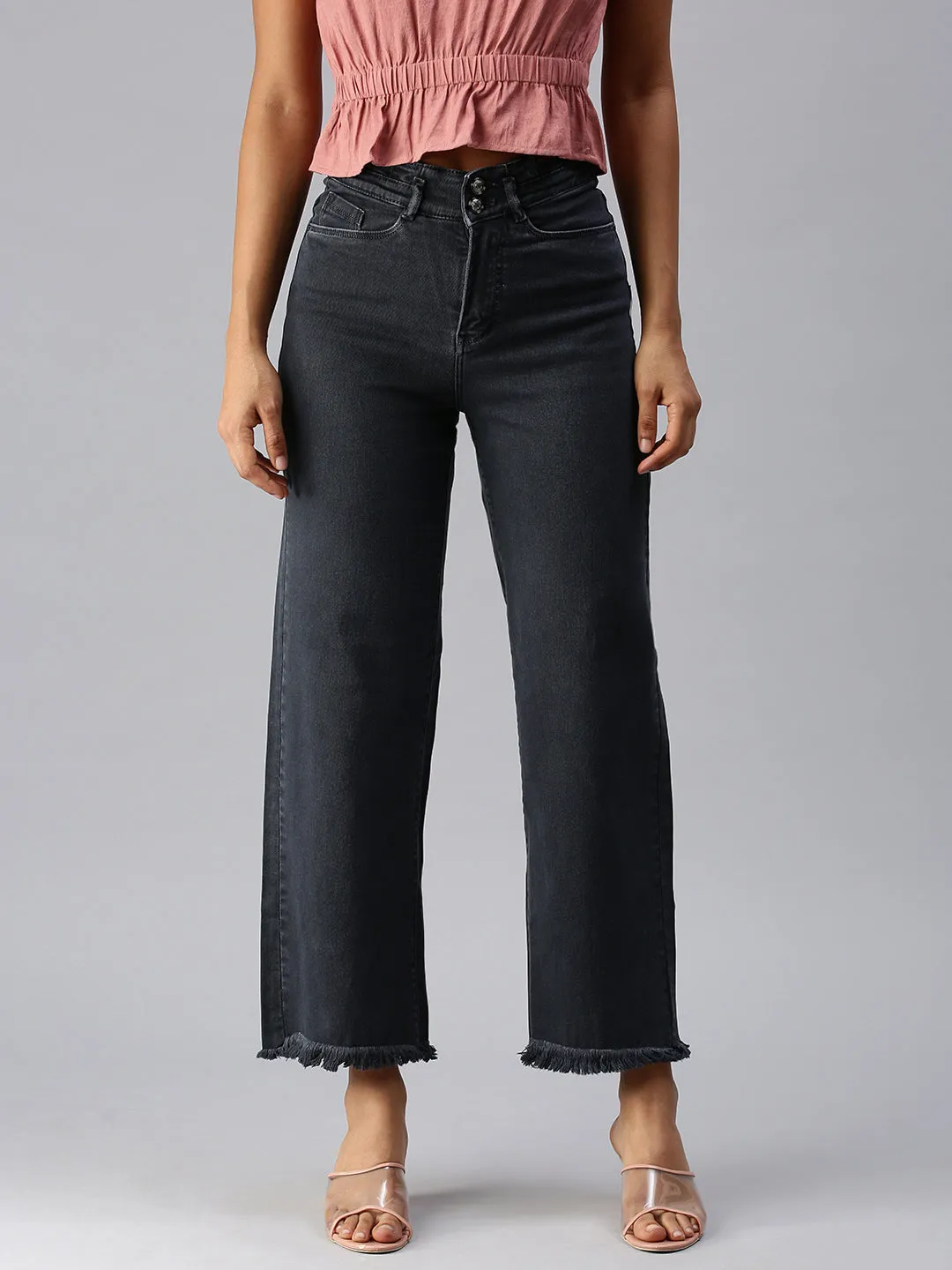 Unisex Look Slim Vintage Lover Women's Grey Wide Leg High-Rise Stretchable Denim Jeans