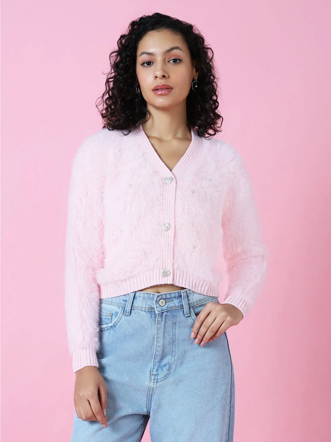 Circular Knit Sustainability Guide Flatlock Seam Construction Women's Solid Pink Crop Cardigan