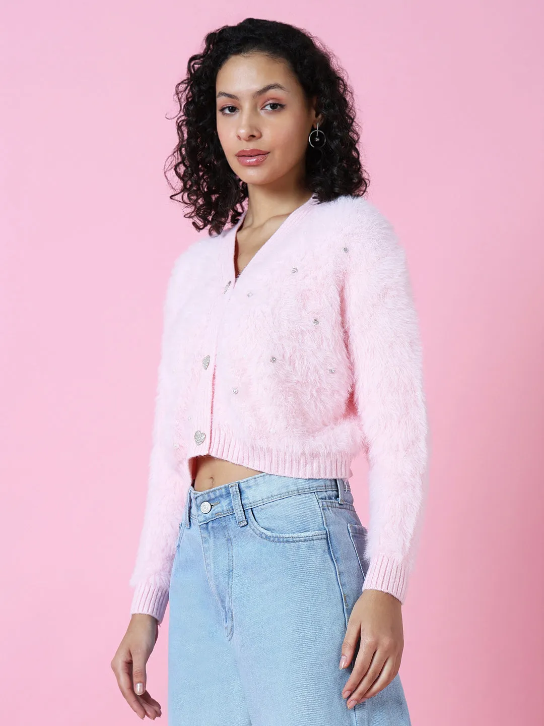 Women's Solid Pink Crop Cardigan Simple Look