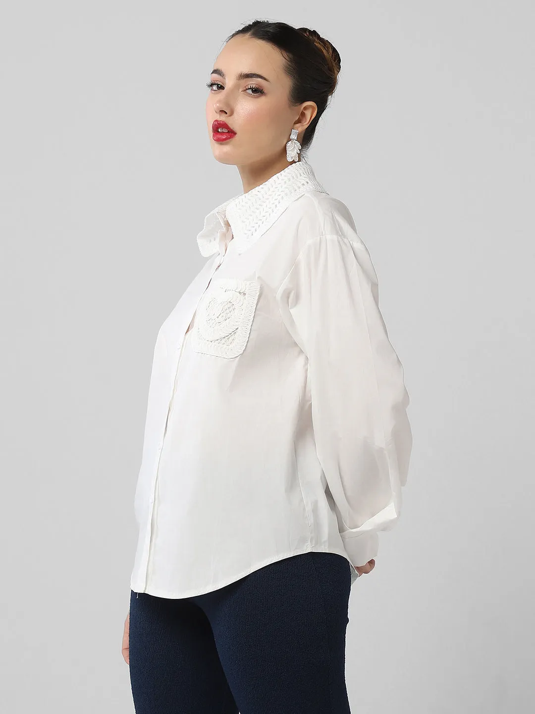 Cozy Wardrobe Women's White Comfort Oversized Fit Spread Collar Solid Cotton Casual Shirt