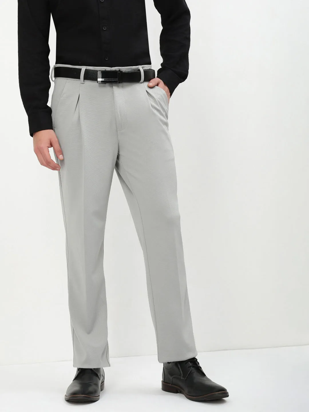 Core Stretch Men's Grey Solid Formal Trousers