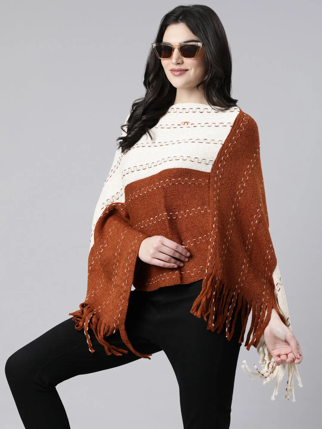 Women's Colourblocked Rust Poncho Loop Back Finish