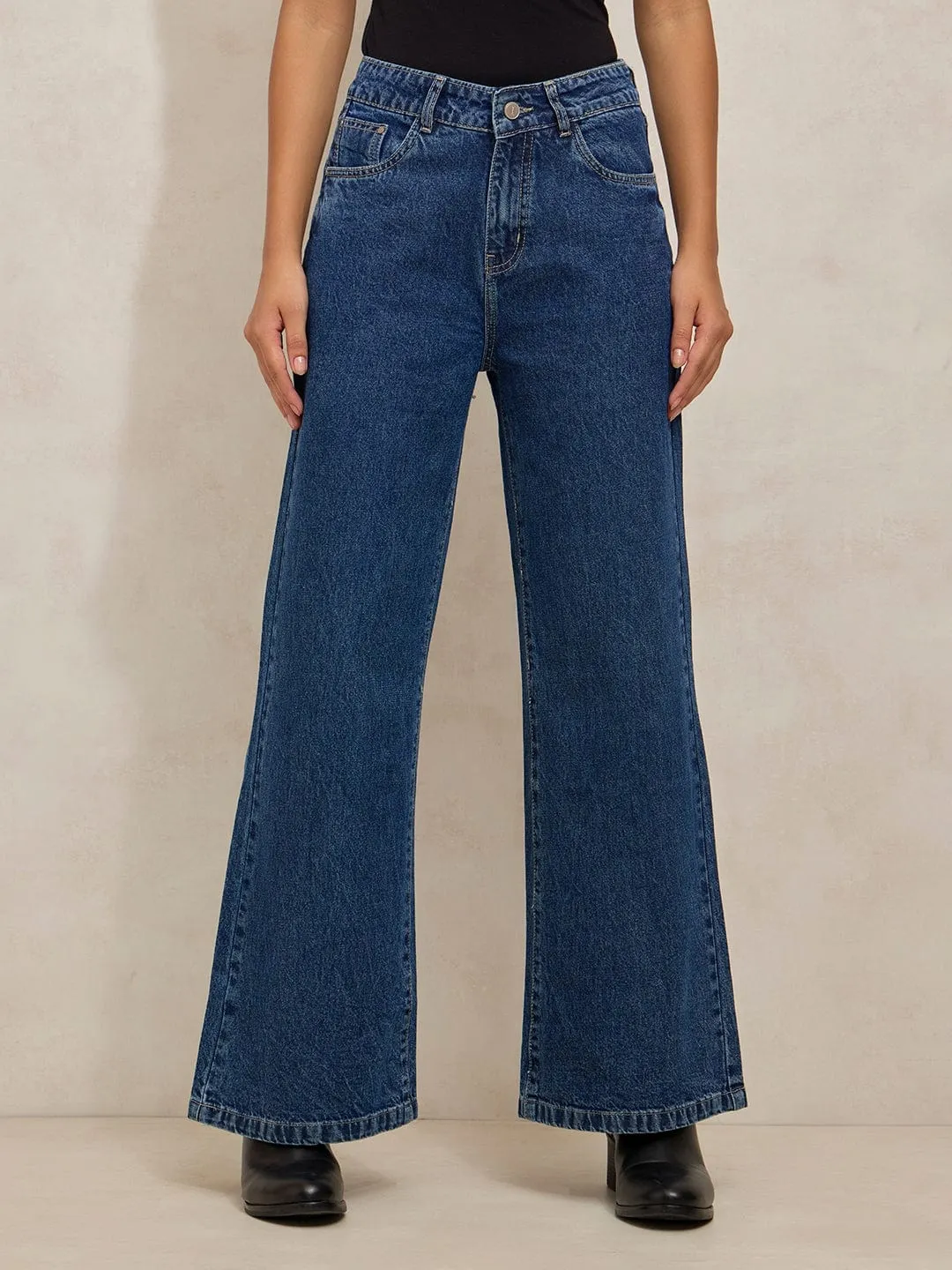 Women's Navy Blue High Rise Wide Leg Jeans Anti Slip Belt Loops Fashion Lover Versatile