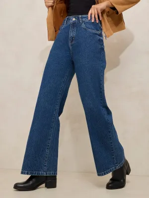 Women's Navy Blue High Rise Wide Leg Jeans Premium Elegant Effortless Style
