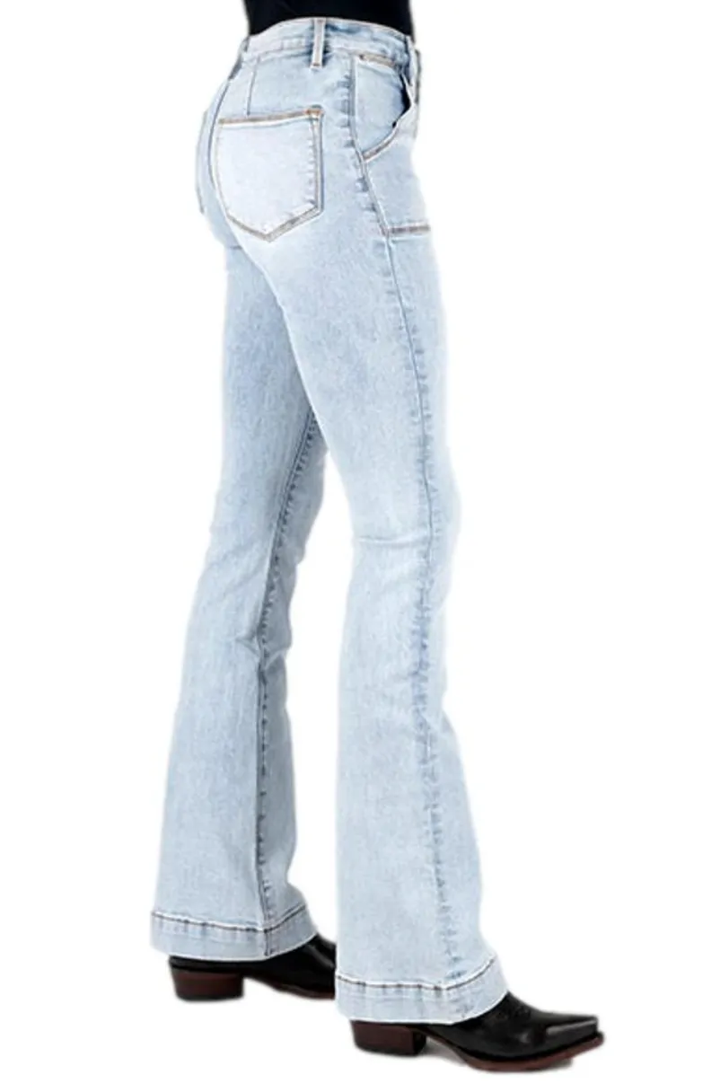 Minimal Fading Parent Style Evening Stroll Festival Outfit Stetson Women's No. 921 Patch Pocket High Rise Flare  - Acid Wash Blue