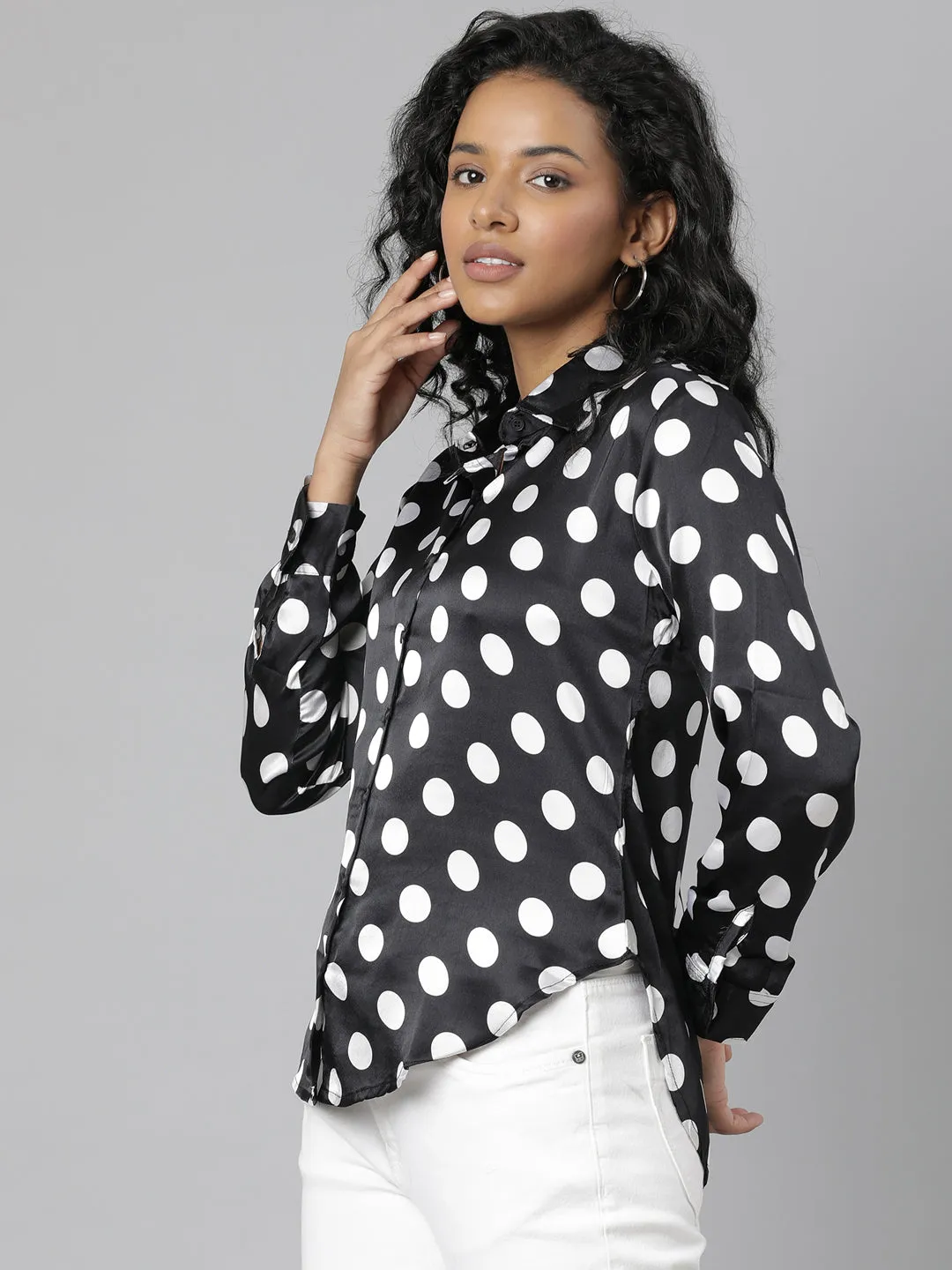 Women's Black Slim Fit Polka Dots Printed Satin Casual Shirt Drop Shoulder Cut BreathableMeshLining