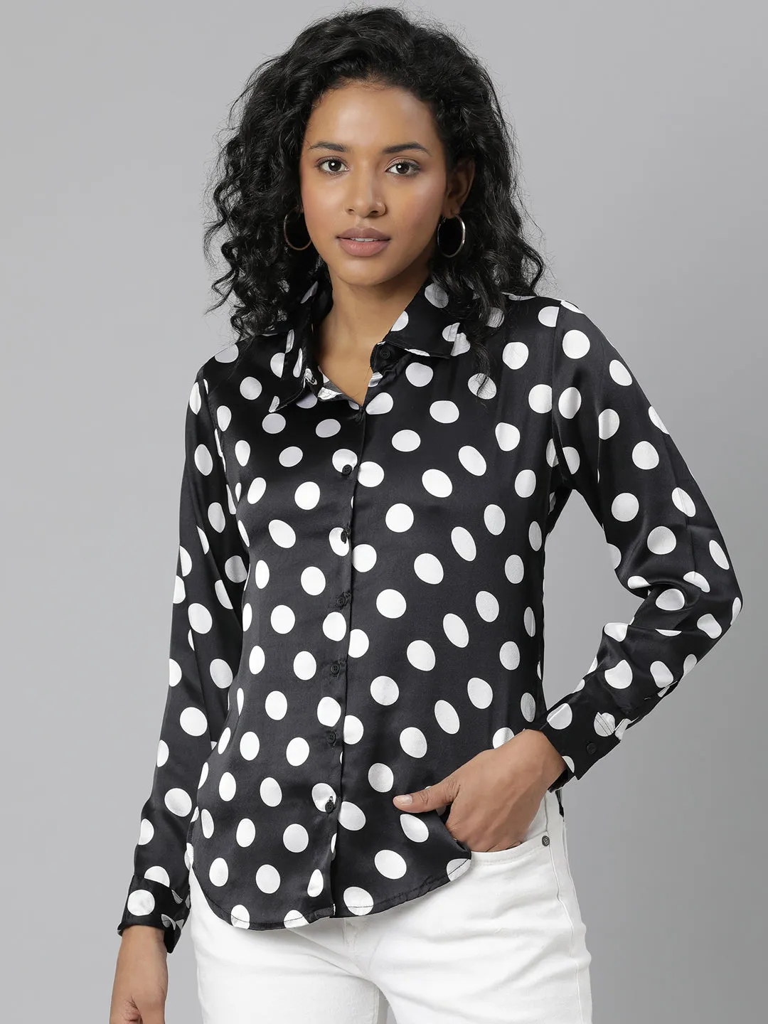 Women's Black Slim Fit Polka Dots Printed Satin Casual Shirt Sleek Layer
