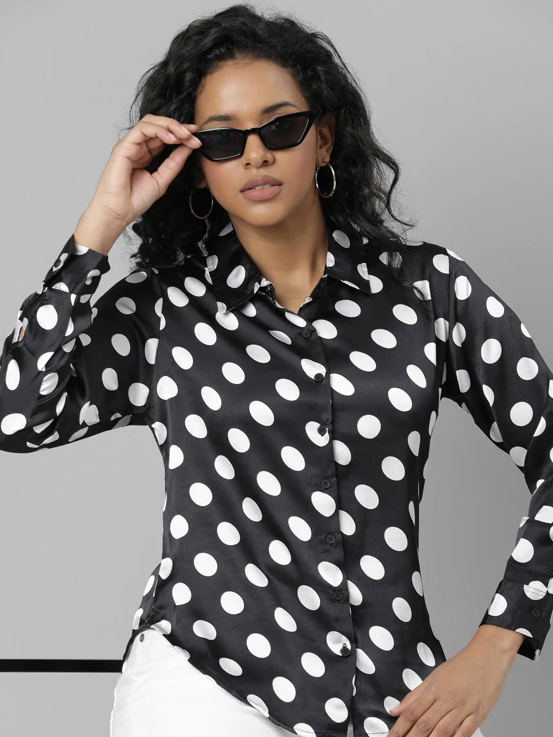 Friction Free Inner Lining Women's Black Slim Fit Polka Dots Printed Satin Casual Shirt
