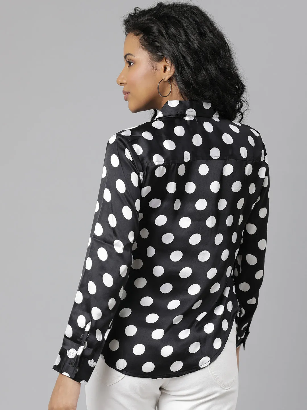 Women's Black Slim Fit Polka Dots Printed Satin Casual Shirt Crew neck classic Soft Breathable