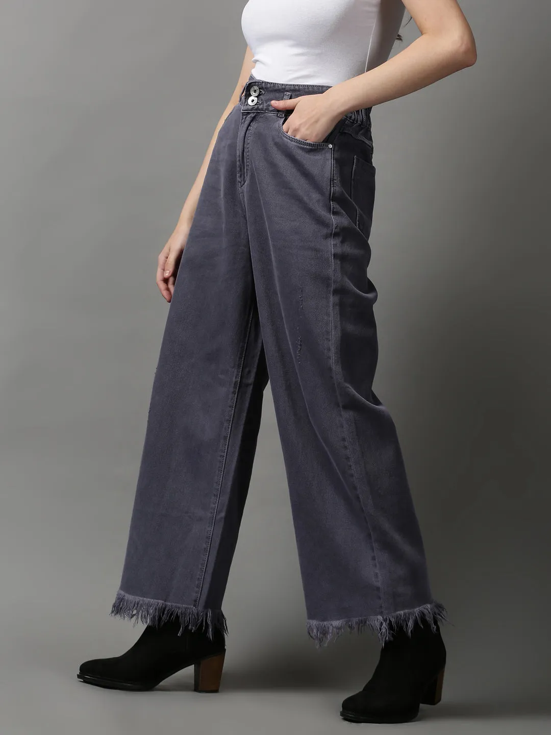 Stylish Waistband Evening Stroll Weekend Getaway Women's Violet Wide Leg Low Distress Denim Jeans