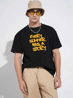 Men's Typography Black Short Sleeves Round Neck Relaxed Fit T-Shirt Retro Style