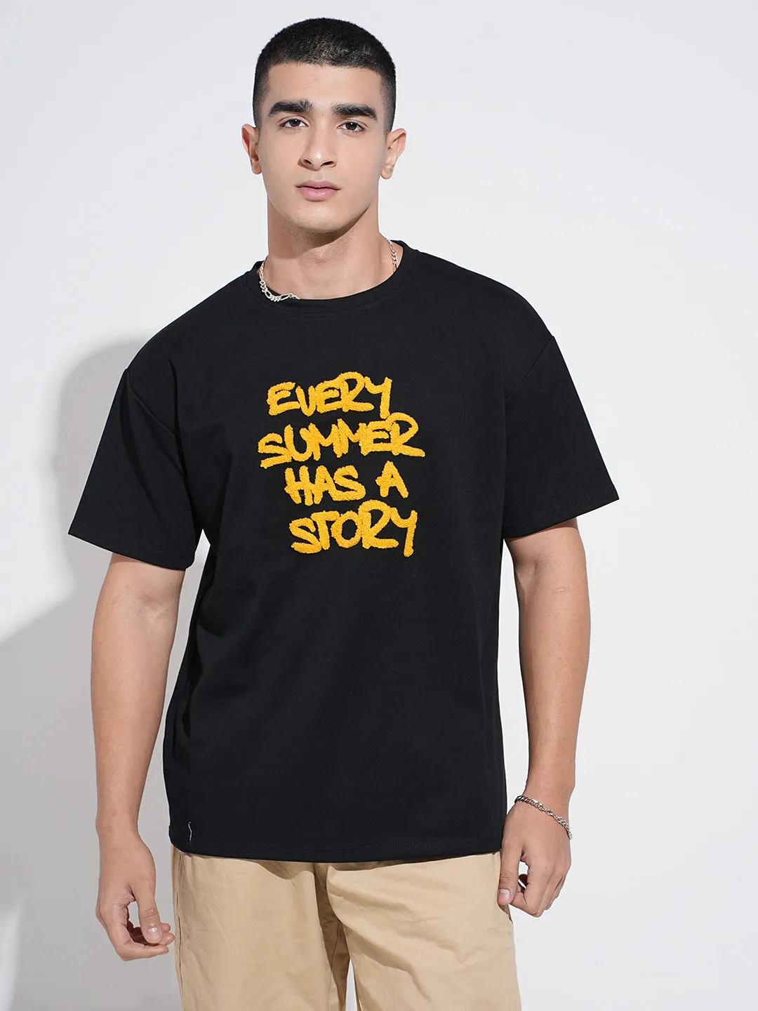 Comfort Stretch Fit Men's Typography Black Short Sleeves Round Neck Relaxed Fit T-Shirt