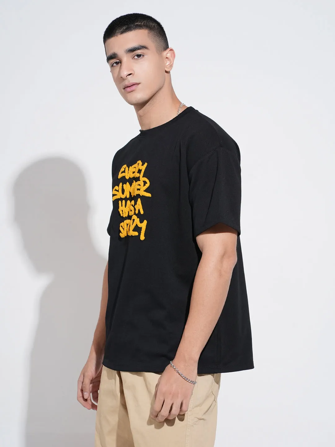 Men's Typography Black Short Sleeves Round Neck Relaxed Fit T-Shirt Casual Performance Fit Edgy