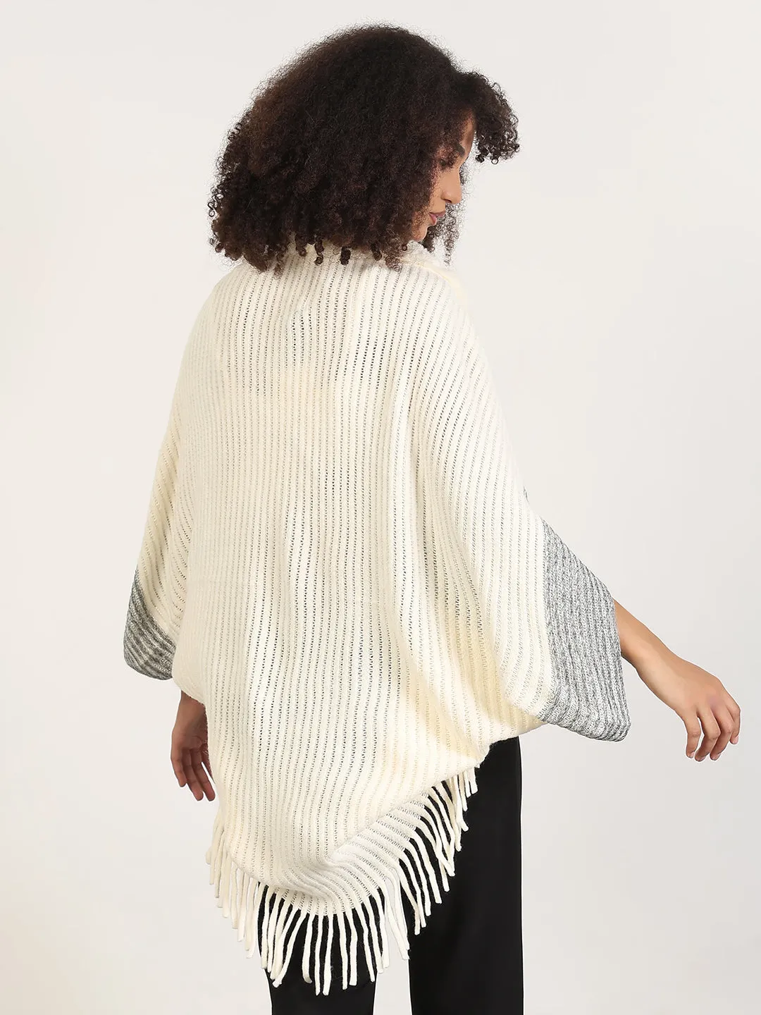 Women's Solid Cream Fringed Edge Poncho Lightweight Stretch Fabric