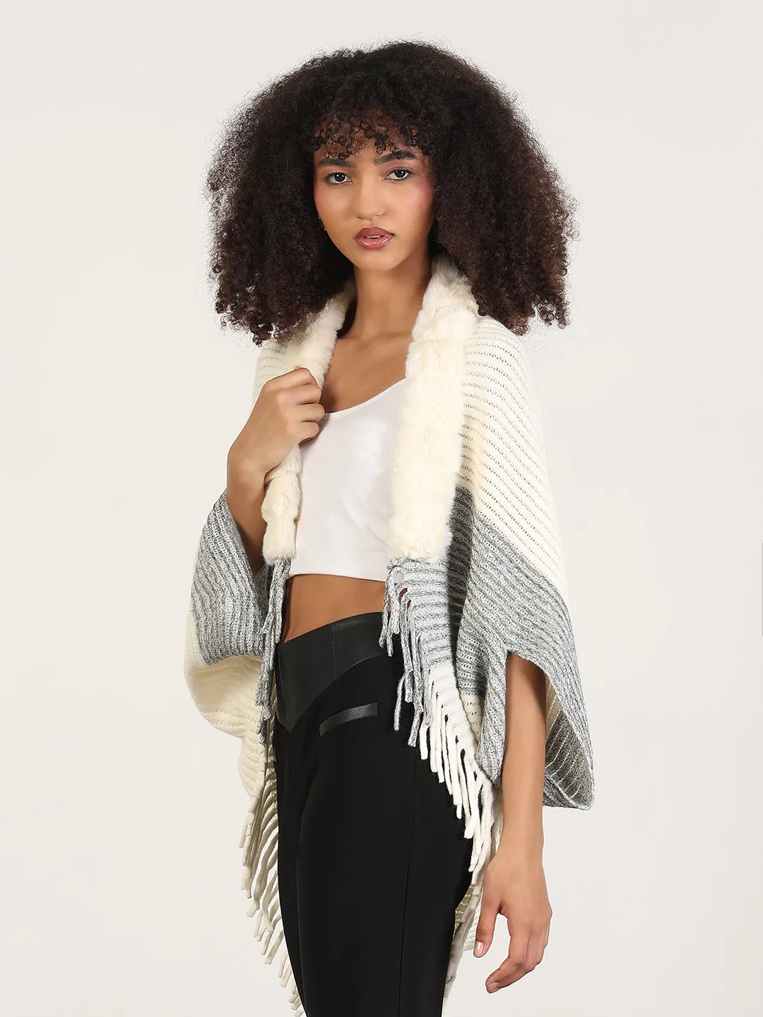 Women's Solid Cream Fringed Edge Poncho Zero Waste Knitting Urban Comforted