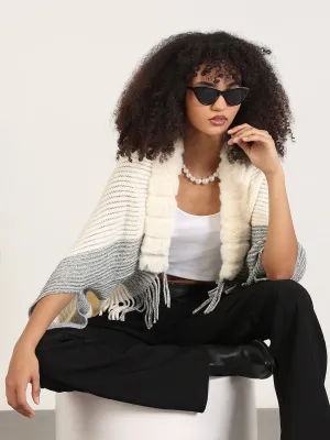 Simple Wear Women's Solid Cream Fringed Edge Poncho