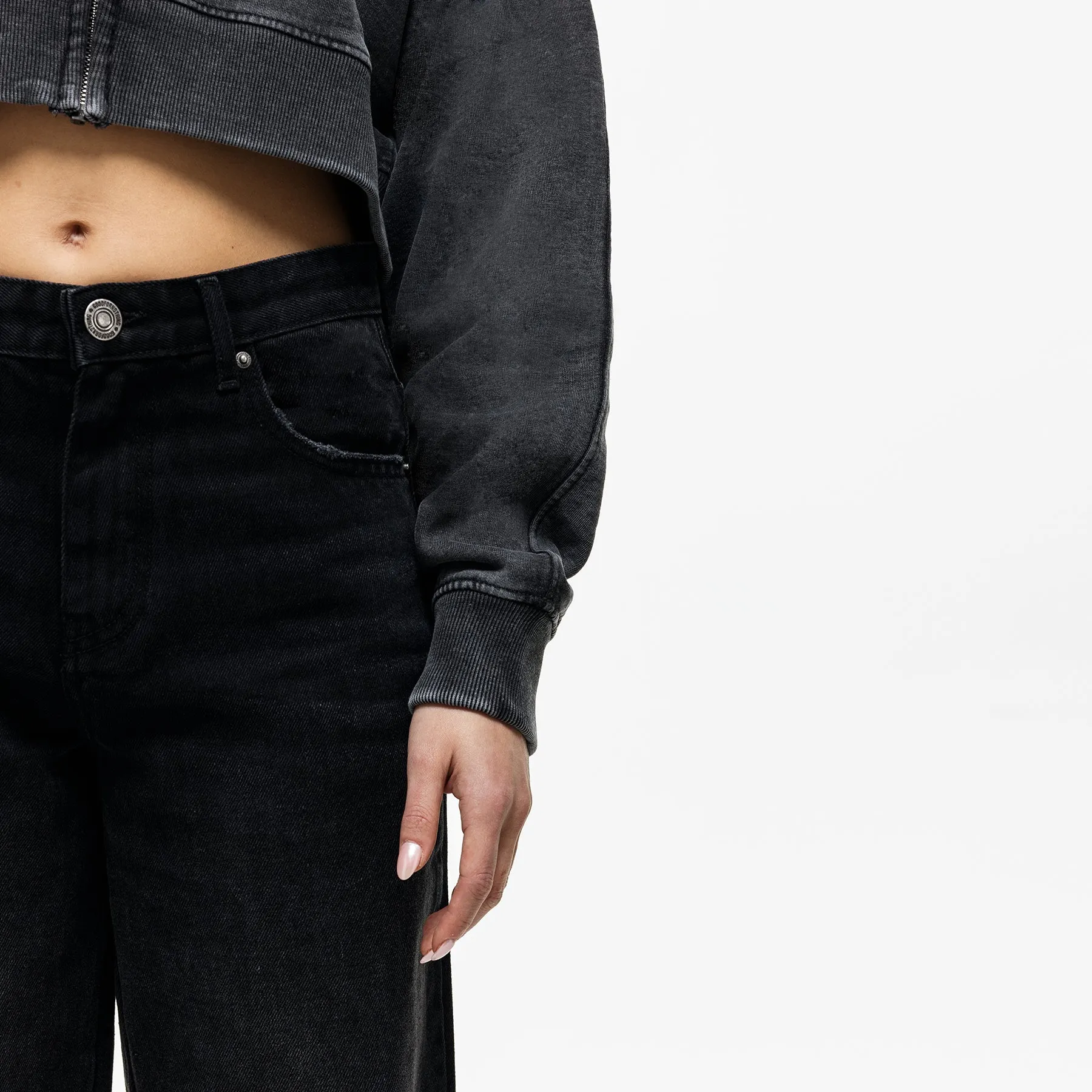 Chilly Day Outfit Ribbed Hem Metamorphosis Washed Black Zip Hoodie (Final Sale)