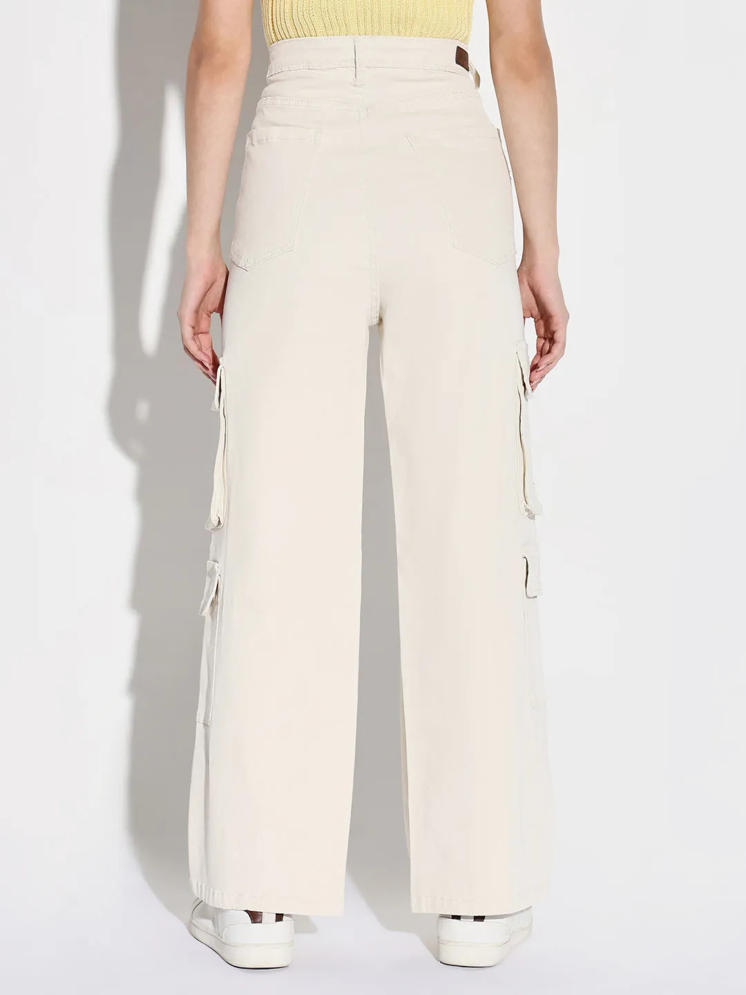 Wear Anytime City Walk Smart Casual Women's Off White Comfort Wide Leg Mid-Rise Denim Cargo Style Jeans