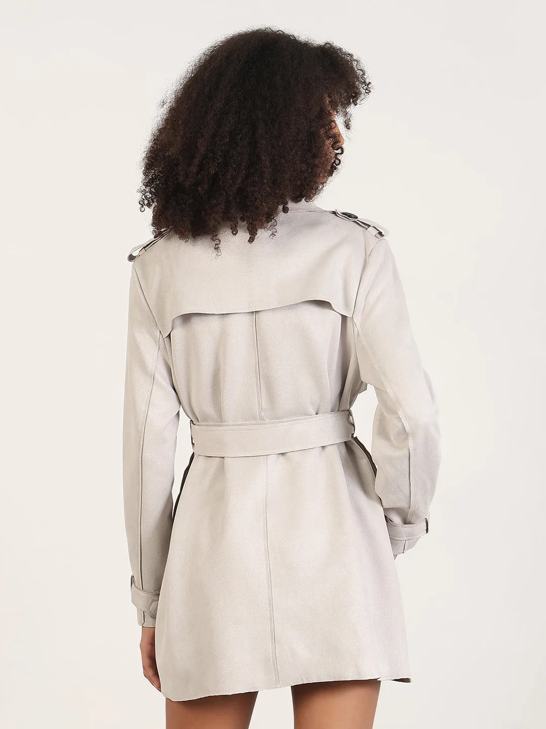 Aramid Fiber Reinforcement Seamless Shoulder Construction Women's Solid Grey Lapel Collar Trench Coat with Fabric Belt and WristBelt