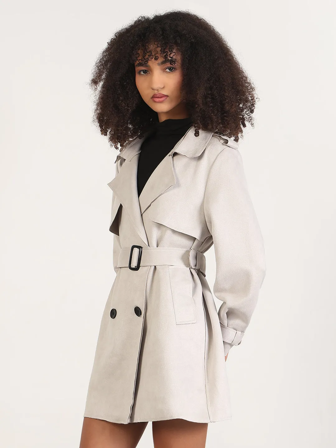 Bright Color Layer Piece Women's Solid Grey Lapel Collar Trench Coat with Fabric Belt and WristBelt
