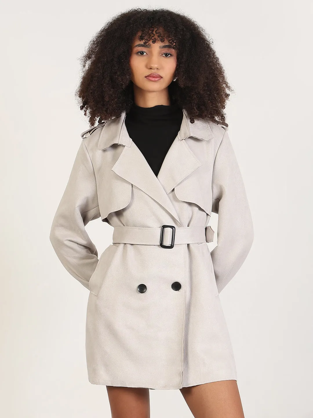 Zip Pockets Women's Solid Grey Lapel Collar Trench Coat with Fabric Belt and WristBelt
