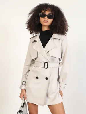 Women's Solid Grey Lapel Collar Trench Coat with Fabric Belt and WristBelt DoubleLayeredEdges