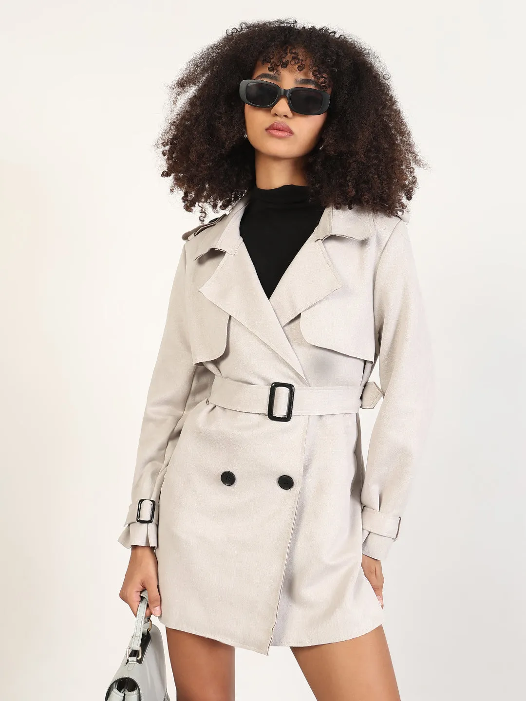 Women's Solid Grey Lapel Collar Trench Coat with Fabric Belt and WristBelt DoubleLayeredEdges