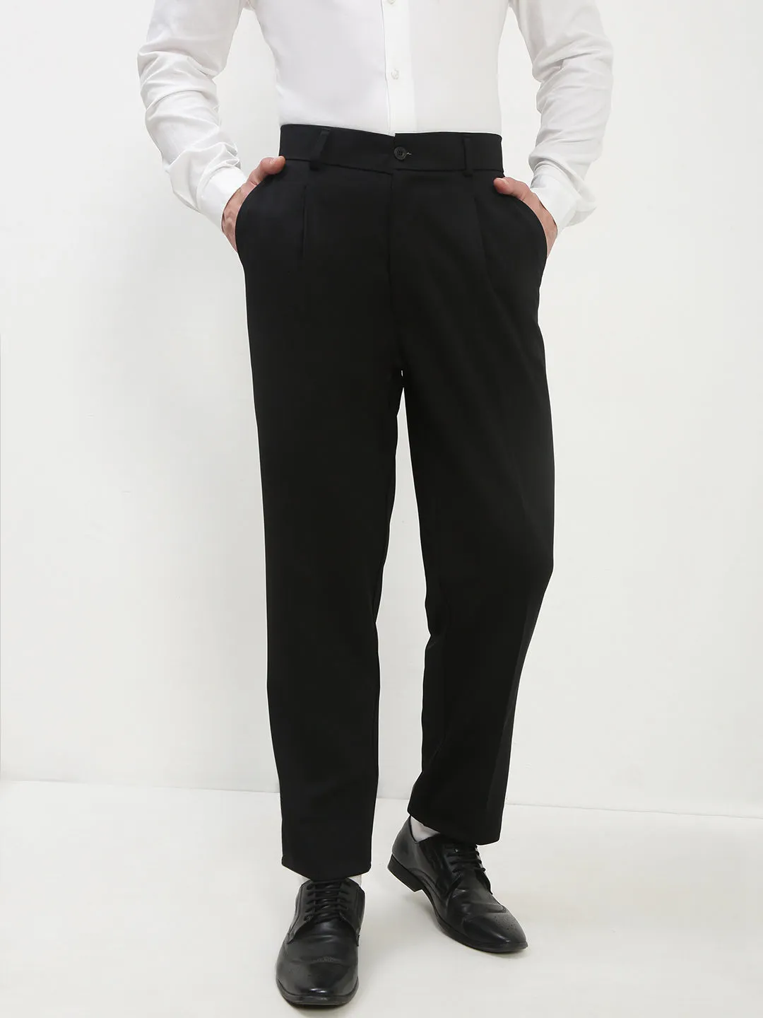 Men's Black Solid Formal Trousers Flexible Ankle Cuffs Core Comfort