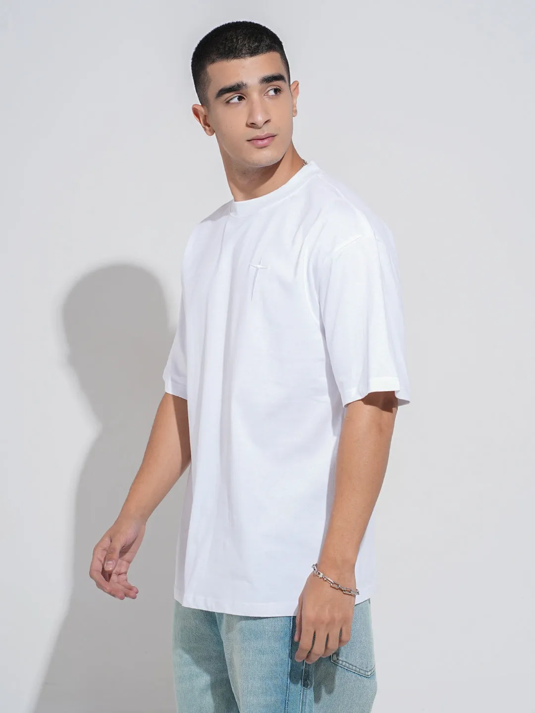 Cozy Comfort Fit Men's Typography White Short Sleeves Round Neck Oversized T-Shirt