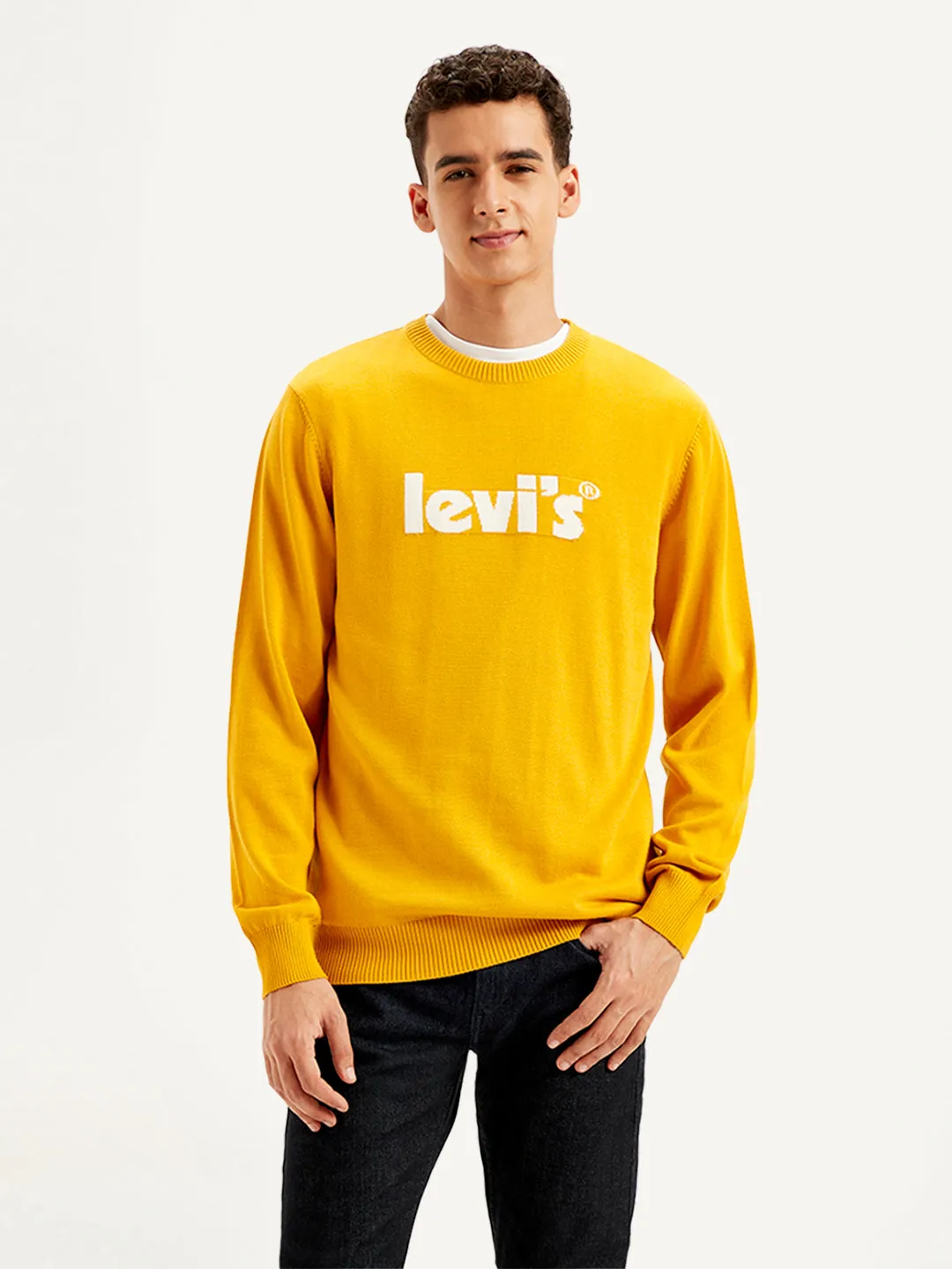 Men's Brand Logo Yellow Crew Neck Sweater Work Comfort