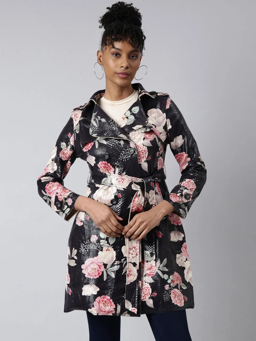 TearResistantOuter Tear Resistant Material Women's Black Floral Longline Trench Coat
