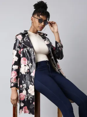 Women's Black Floral Longline Trench Coat Layered Collar Design Versatile Layering