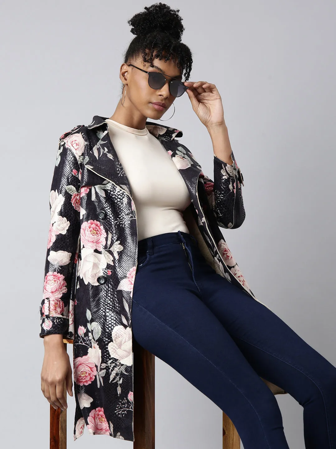 Women's Black Floral Longline Trench Coat Layered Collar Design Versatile Layering