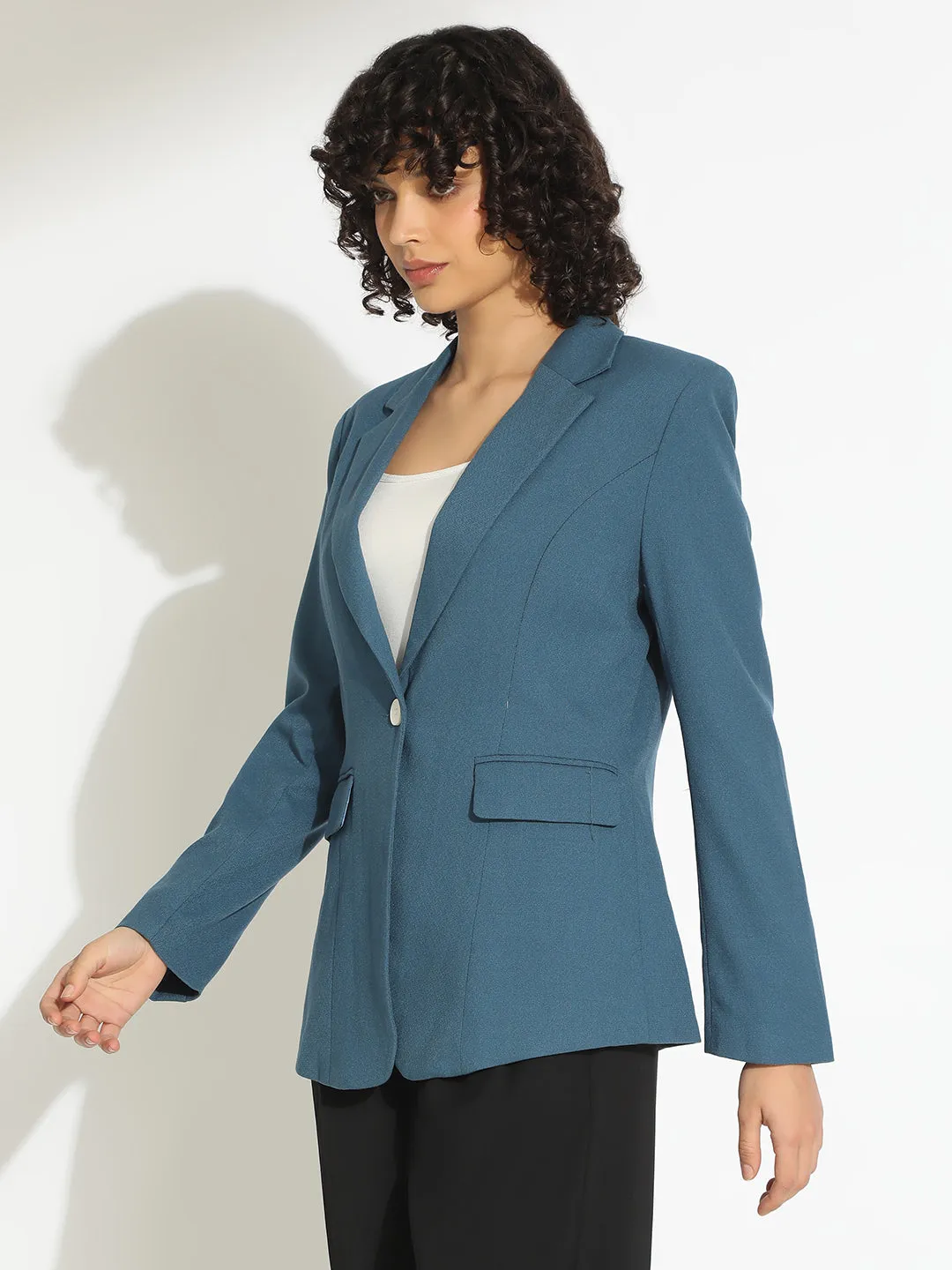 Casual Fit Layer Women's Blue Single-Breasted Blazer with Notch Lapel