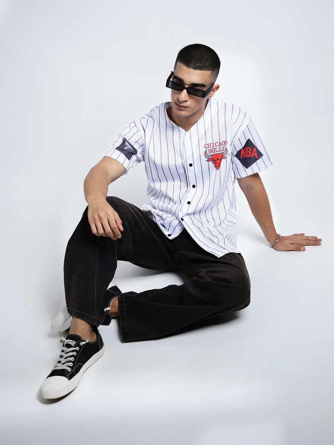 Fit For All Versatile Fashion Men's Graphic Print White Short Sleeves V-Neck Relaxed Fit T-Shirt with Button Details