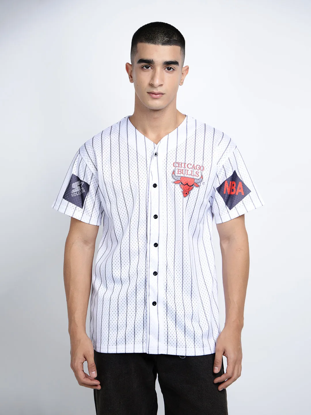 Men's Graphic Print White Short Sleeves V-Neck Relaxed Fit T-Shirt with Button Details Quick Slip