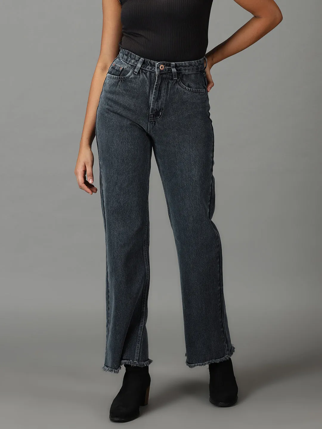 Women's Grey Straight Fit High-Rise Light Fade Stretchable Jeans Athlete Fit Modern Autumn Days