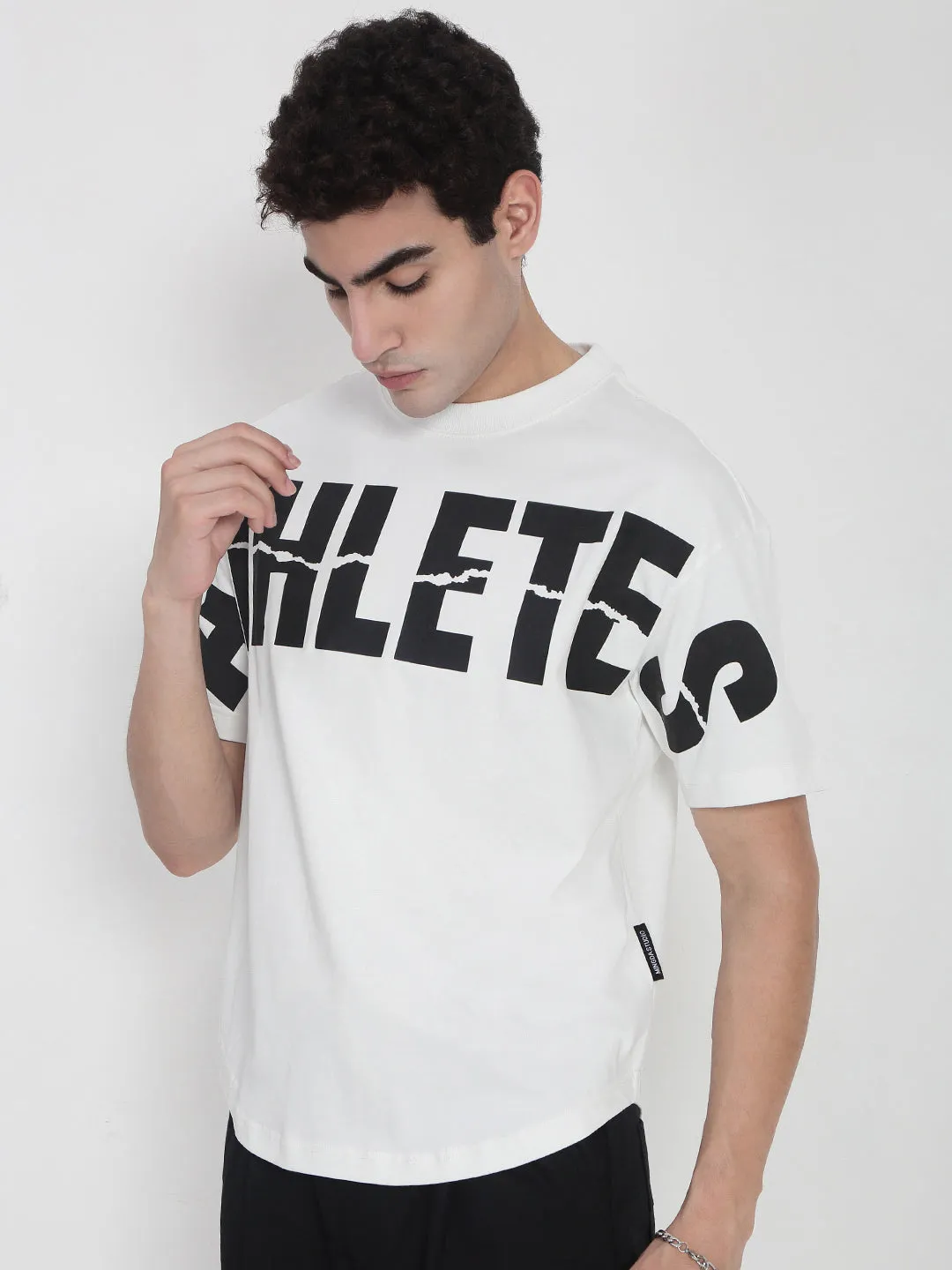Men's White Oversized Typography T-Shirt Light Fit Flexible Fit