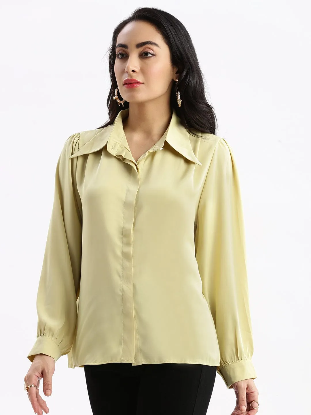 Women's Green Standard Boxy Opaque Casual Shirt Lace trim Cool Style
